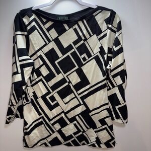 Lauren Ralph Lauren Women's Shirt Size XL Black -Ivory Geo-Print Modern Abstract
